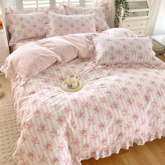 kawaiies-softtoys-plushies-kawaii-plush-Floral Pink Ruffles 100% Cotton 3pc Bedding Set Home Decor 