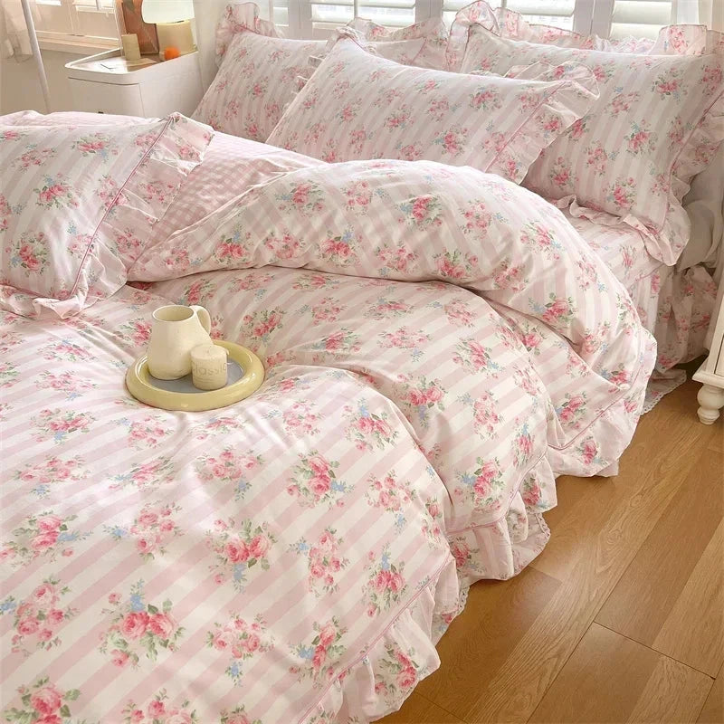 kawaiies-softtoys-plushies-kawaii-plush-Floral Pink Ruffles 100% Cotton 3pc Bedding Set Home Decor 
