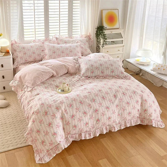 kawaiies-softtoys-plushies-kawaii-plush-Floral Pink Ruffles 100% Cotton 3pc Bedding Set Home Decor 