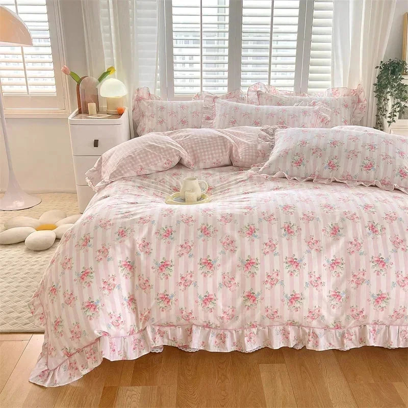 Floral Pink Ruffles 100% Cotton 3pc Bedding Set – Kawaiies