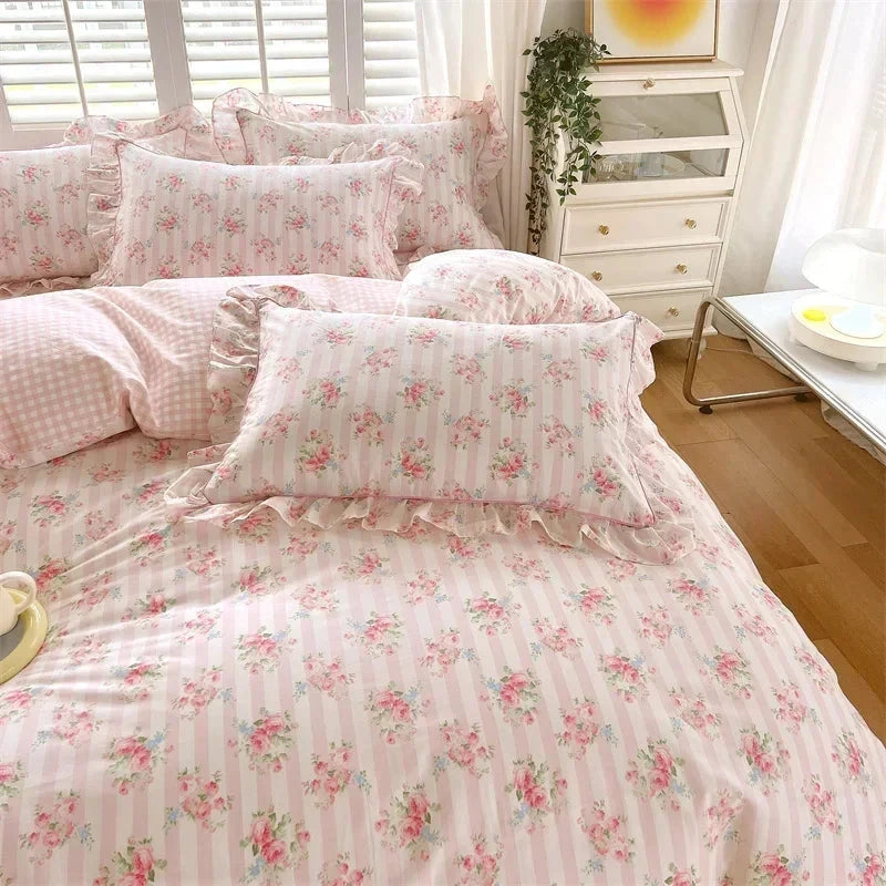 kawaiies-softtoys-plushies-kawaii-plush-Floral Pink Ruffles 100% Cotton 3pc Bedding Set Home Decor 