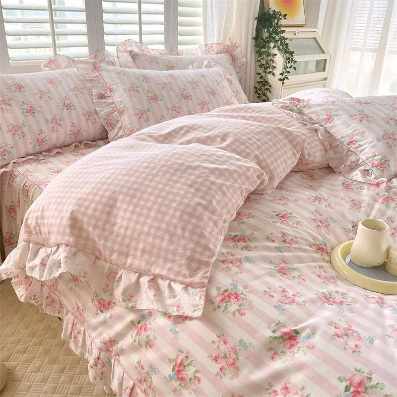 kawaiies-softtoys-plushies-kawaii-plush-Floral Pink Ruffles 100% Cotton 3pc Bedding Set Home Decor 