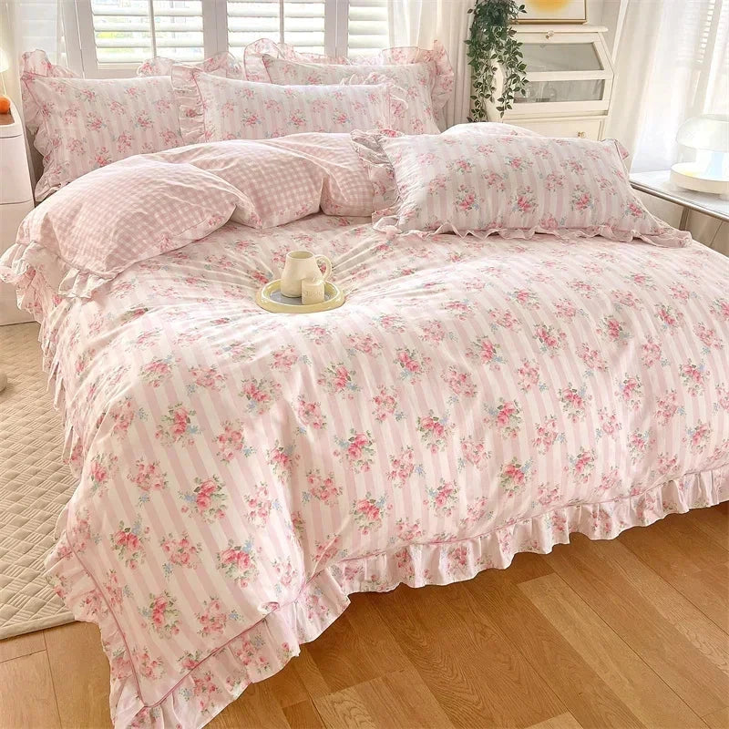 kawaiies-softtoys-plushies-kawaii-plush-Floral Pink Ruffles 100% Cotton 3pc Bedding Set Home Decor Pink Single 