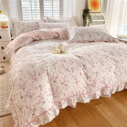 kawaiies-softtoys-plushies-kawaii-plush-Floral Pink Ruffles 100% Cotton 3pc Bedding Set Home Decor Purple Single 