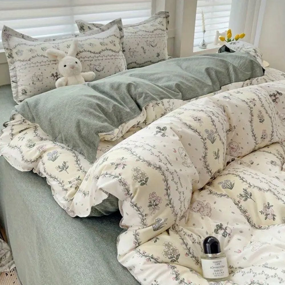 kawaiies-softtoys-plushies-kawaii-plush-Floral Sage Green & Cream Botanical Print Bedding Set Home Decor 