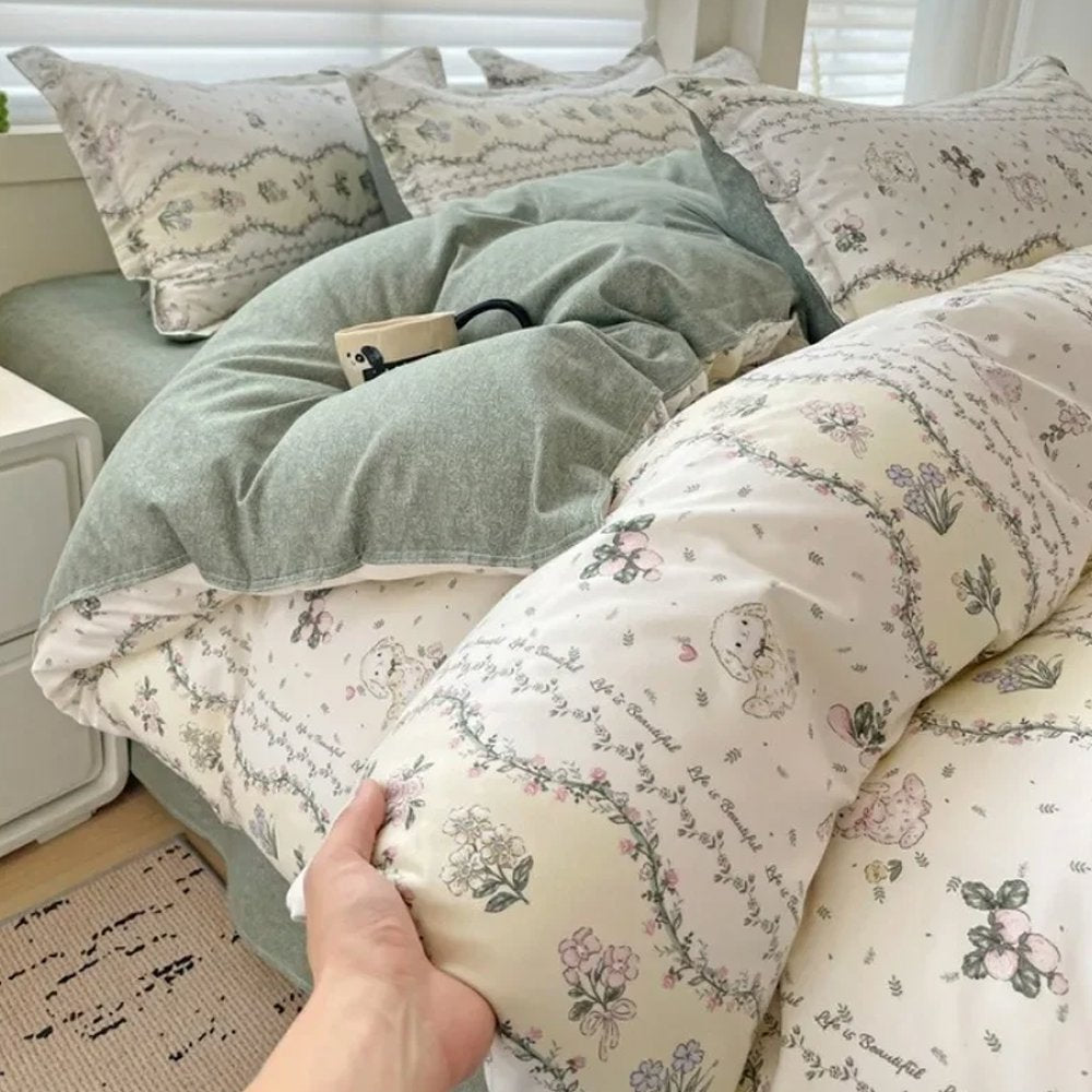 kawaiies-softtoys-plushies-kawaii-plush-Floral Sage Green & Cream Botanical Print Bedding Set Home Decor 