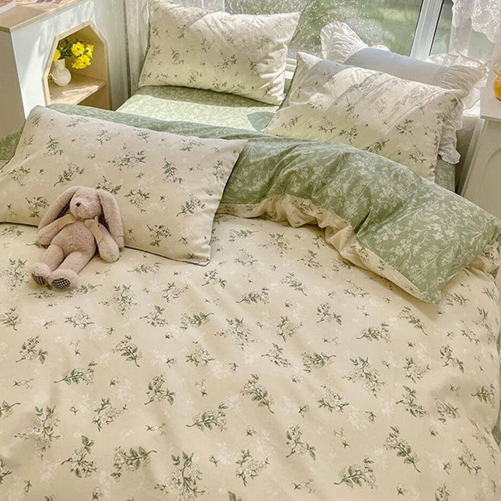kawaiies-softtoys-plushies-kawaii-plush-Floral Sage Green & Cream Botanical Print Bedding Set Home Decor 