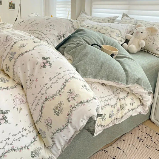 kawaiies-softtoys-plushies-kawaii-plush-Floral Sage Green & Cream Botanical Print Bedding Set Home Decor Bunny Twin 
