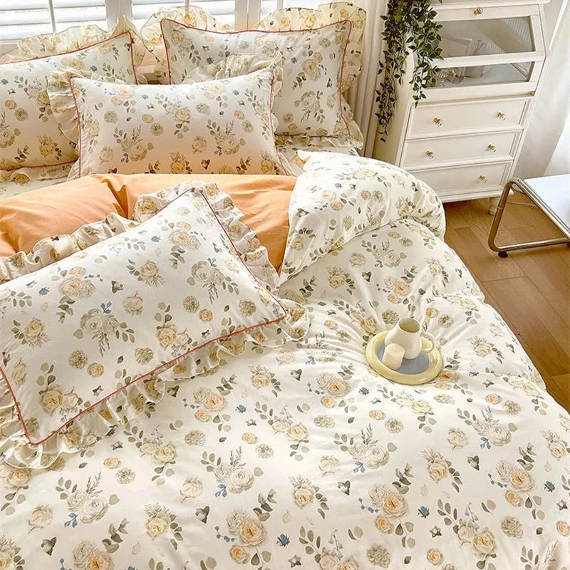 kawaiies-softtoys-plushies-kawaii-plush-Floral Yellow Green Ruffles 100% Cotton 3pc Bedding Set Home Decor 