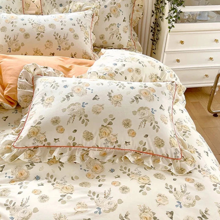 kawaiies-softtoys-plushies-kawaii-plush-Floral Yellow Green Ruffles 100% Cotton 3pc Bedding Set Home Decor 