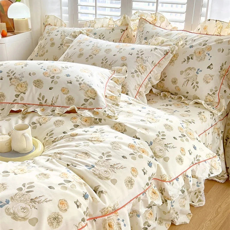 kawaiies-softtoys-plushies-kawaii-plush-Floral Yellow Green Ruffles 100% Cotton 3pc Bedding Set Home Decor 