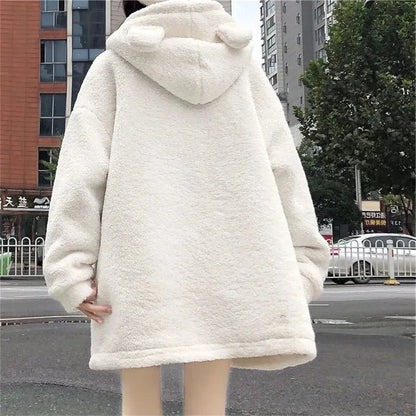 kawaiies-softtoys-plushies-kawaii-plush-Fluffy Cream Pom-Pom Bear Hooded Women's Fleece Coat Apparel 