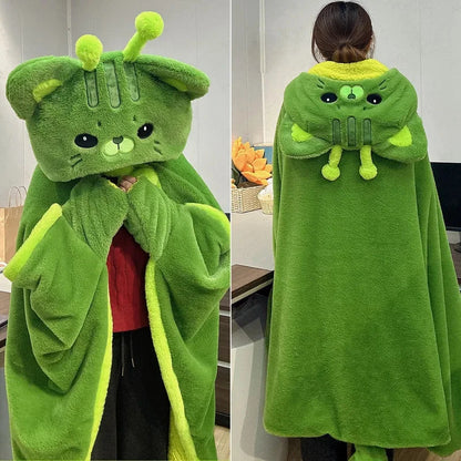 kawaiies-softtoys-plushies-kawaii-plush-Fluffy Green Cat Cloak Hooded Blanket Cape Apparel 120x160cm 