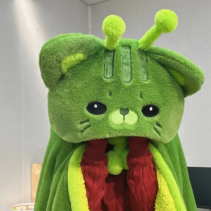 kawaiies-softtoys-plushies-kawaii-plush-Fluffy Green Cat Cloak Hooded Blanket Cape Apparel 