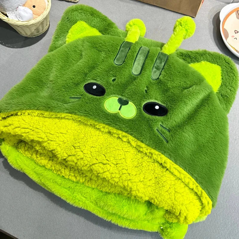 kawaiies-softtoys-plushies-kawaii-plush-Fluffy Green Cat Cloak Hooded Blanket Cape Apparel 