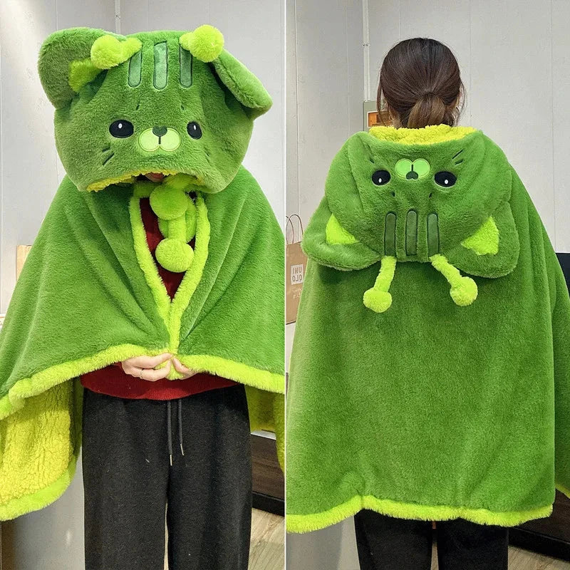 kawaiies-softtoys-plushies-kawaii-plush-Fluffy Green Cat Cloak Hooded Blanket Cape Apparel 