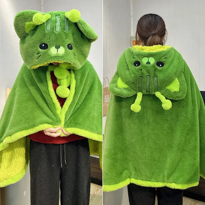 kawaiies-softtoys-plushies-kawaii-plush-Fluffy Green Cat Cloak Hooded Blanket Cape Apparel 