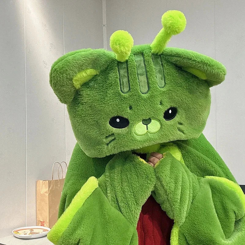 kawaiies-softtoys-plushies-kawaii-plush-Fluffy Green Cat Cloak Hooded Blanket Cape Apparel 