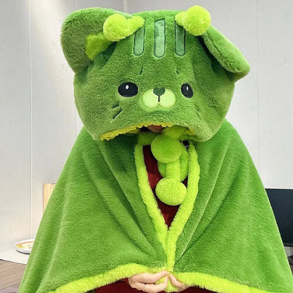 kawaiies-softtoys-plushies-kawaii-plush-Fluffy Green Cat Cloak Hooded Blanket Cape Apparel 80x100cm 