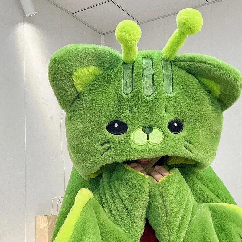 kawaiies-softtoys-plushies-kawaii-plush-Fluffy Green Cat Cloak Hooded Blanket Cape Apparel 