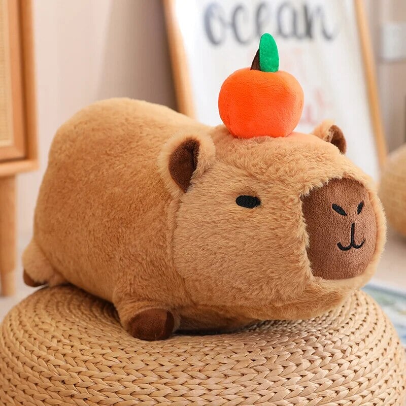 kawaiies-softtoys-plushies-kawaii-plush-Fluffy Sleepy Capybara with Orange Plushie Soft toy Lay 8in / 20cm 