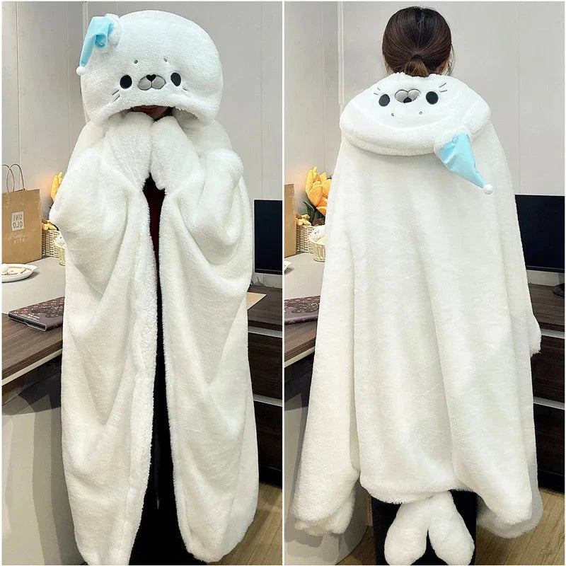 kawaiies-softtoys-plushies-kawaii-plush-Fluffy White Seal Cloak Hooded Blanket Cape Apparel 120x160cm 
