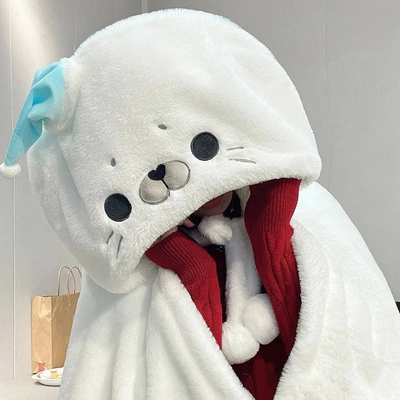 kawaiies-softtoys-plushies-kawaii-plush-Fluffy White Seal Cloak Hooded Blanket Cape Apparel 