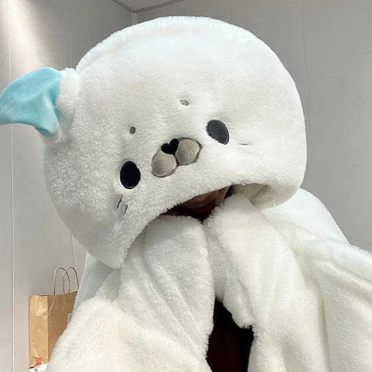 kawaiies-softtoys-plushies-kawaii-plush-Fluffy White Seal Cloak Hooded Blanket Cape Apparel 