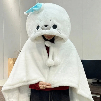 kawaiies-softtoys-plushies-kawaii-plush-Fluffy White Seal Cloak Hooded Blanket Cape Apparel 