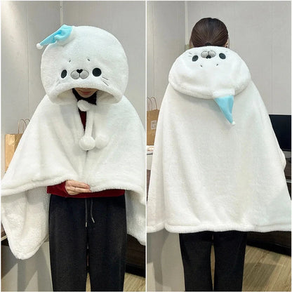 kawaiies-softtoys-plushies-kawaii-plush-Fluffy White Seal Cloak Hooded Blanket Cape Apparel 80x100cm 