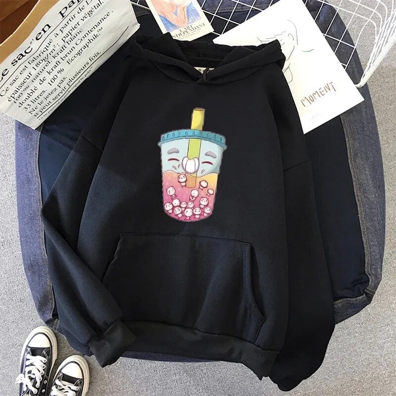 kawaiies-softtoys-plushies-kawaii-plush-Fruity Bubble Tea Floating Pandas Unisex Hoodie Apparel Black XS 