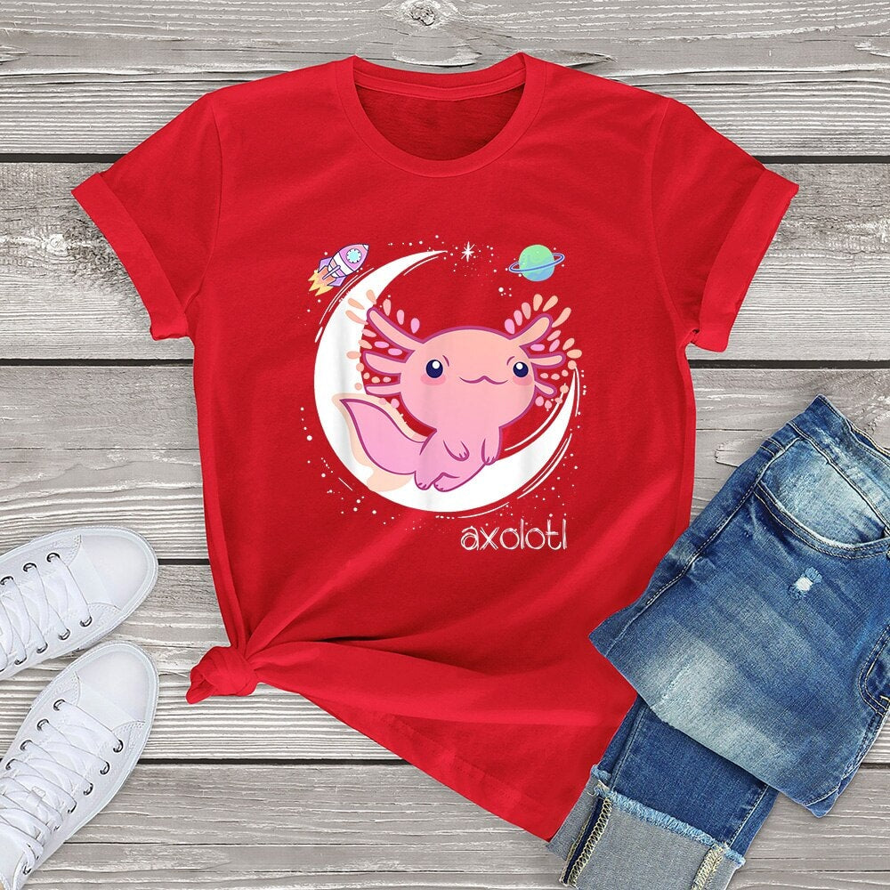 kawaiies-softtoys-plushies-kawaii-plush-Galaxy Axolotl Landing on the Moon Cotton Tee Apparel Red XS 