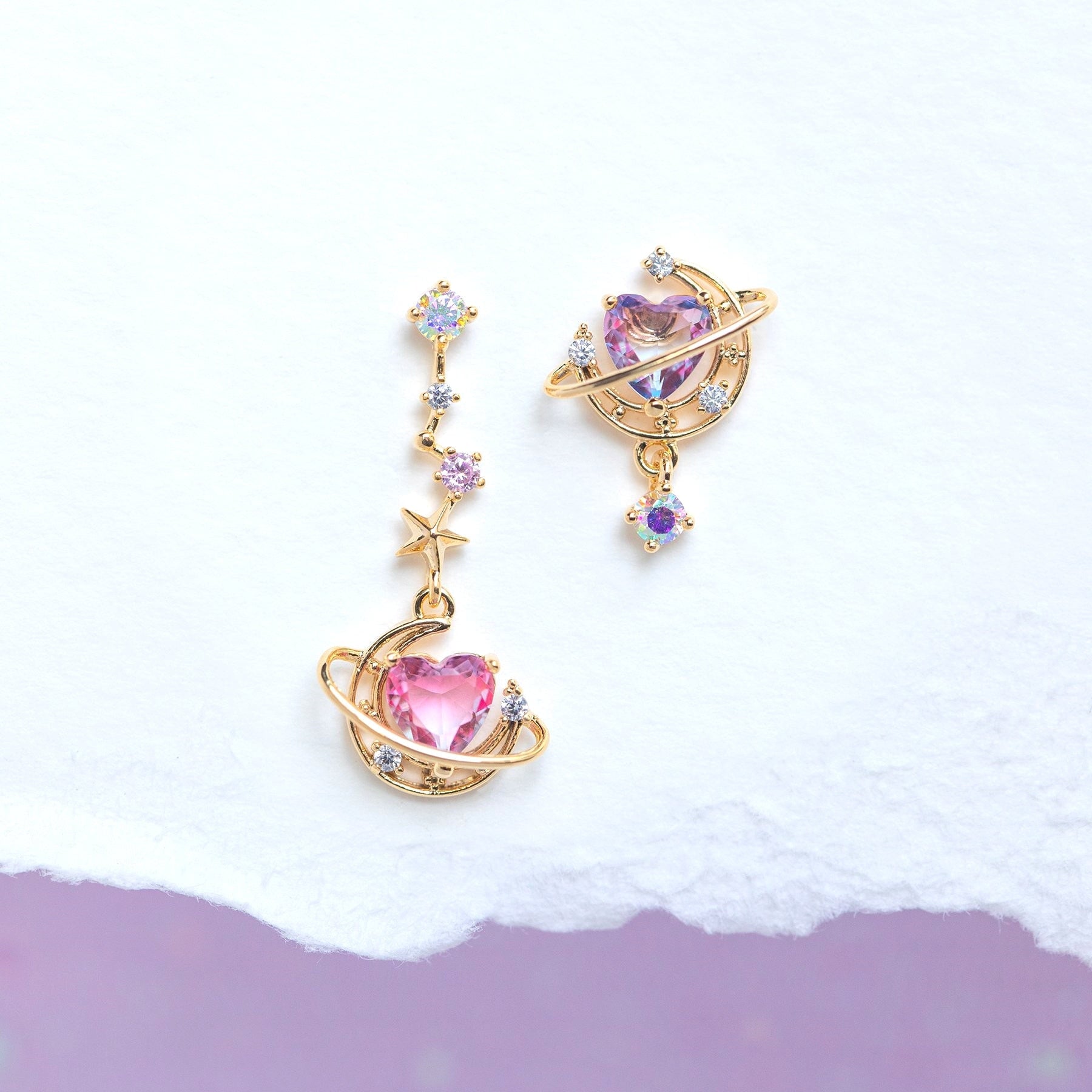 kawaiies-softtoys-plushies-kawaii-plush-Galaxy Moon Heart Gold-Plated Asymmetric Stud Earrings Earrings Gold 