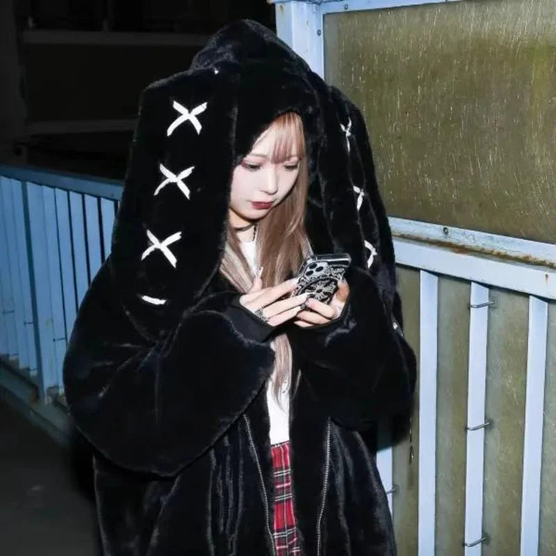 kawaiies-softtoys-plushies-kawaii-plush-Goth Bunny Oversized Fluffy Zipper Black Jacket Apparel M (US 6) 