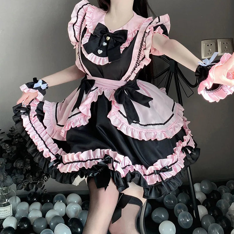 kawaiies-softtoys-plushies-kawaii-plush-Gothic Black Pink Sweet Lolita Women's Maid Dress Bowknots Apparel 