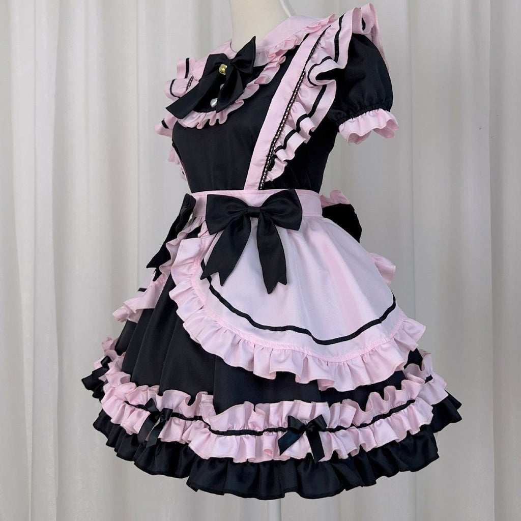 kawaiies-softtoys-plushies-kawaii-plush-Gothic Black Pink Sweet Lolita Women's Maid Dress Bowknots Apparel 