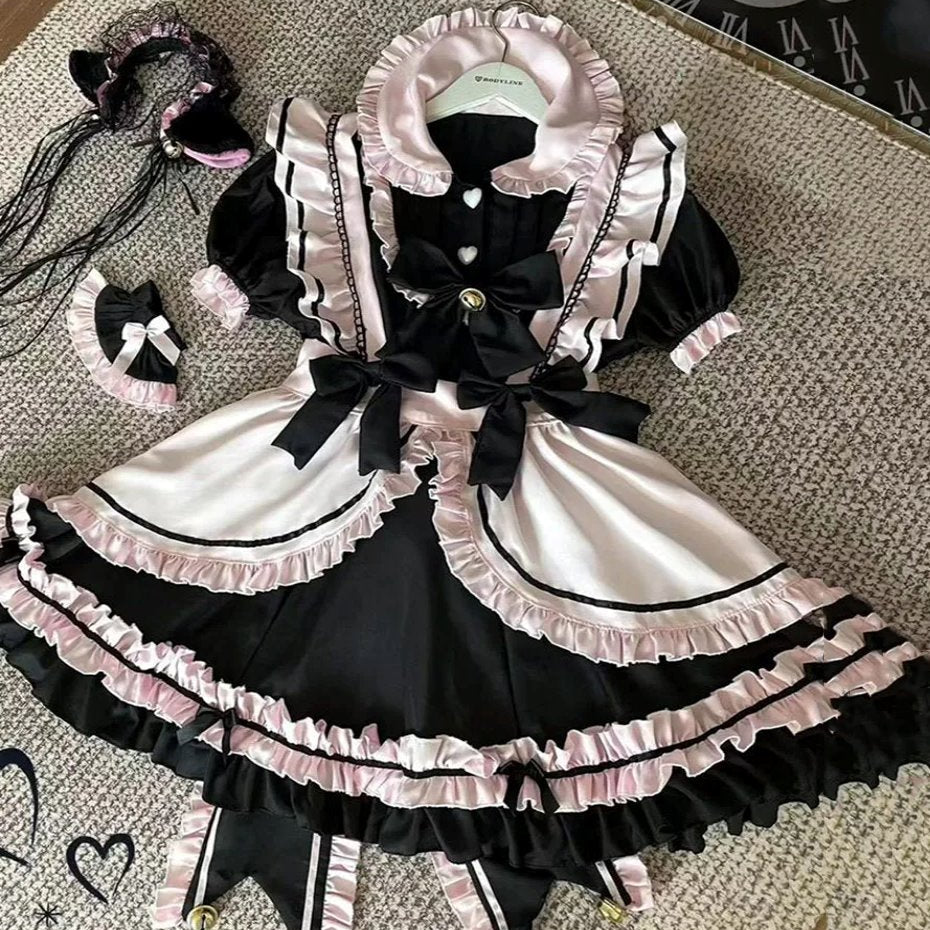 maid black dress Gothic Black Pink Sweet Lolita Women's Maid Dress Bowknots – Kawaiies