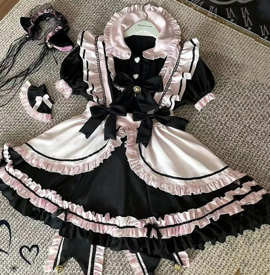 kawaiies-softtoys-plushies-kawaii-plush-Gothic Black Pink Sweet Lolita Women's Maid Dress Bowknots Apparel 