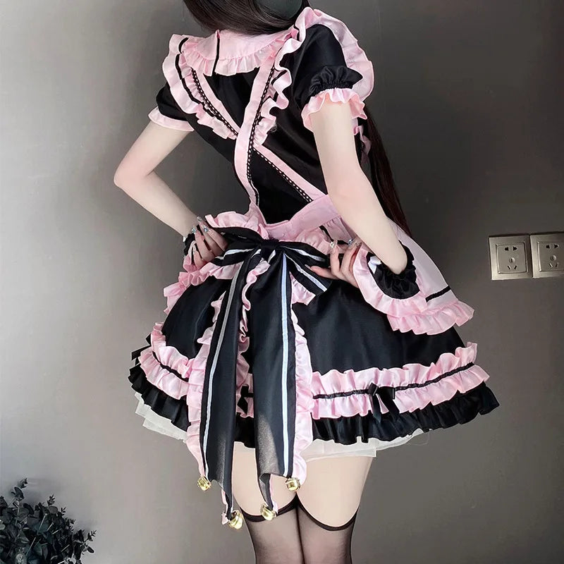kawaiies-softtoys-plushies-kawaii-plush-Gothic Black Pink Sweet Lolita Women's Maid Dress Bowknots Apparel 