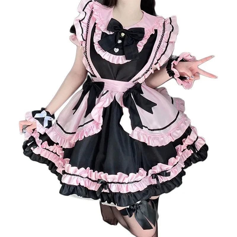 kawaiies-softtoys-plushies-kawaii-plush-Gothic Black Pink Sweet Lolita Women's Maid Dress Bowknots Apparel 