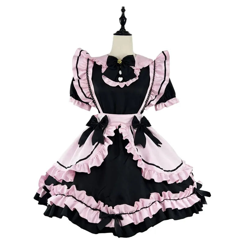 kawaiies-softtoys-plushies-kawaii-plush-Gothic Black Pink Sweet Lolita Women's Maid Dress Bowknots Apparel 