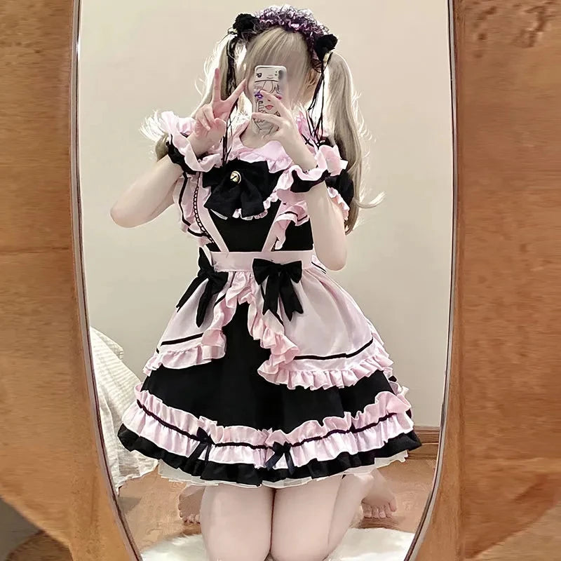 kawaiies-softtoys-plushies-kawaii-plush-Gothic Black Pink Sweet Lolita Women's Maid Dress Bowknots Apparel L 