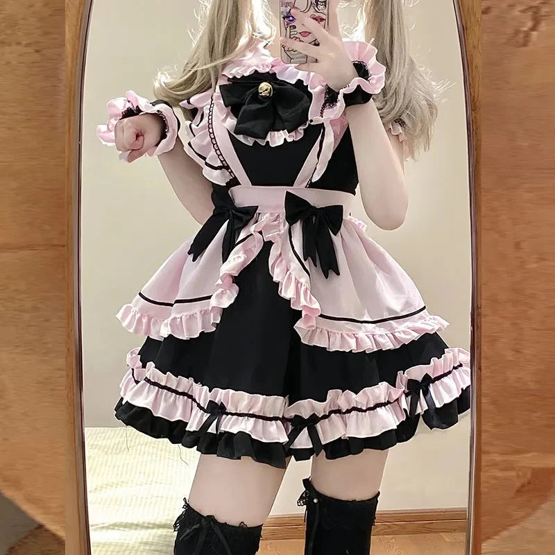 kawaiies-softtoys-plushies-kawaii-plush-Gothic Black Pink Sweet Lolita Women's Maid Dress Bowknots Apparel S 