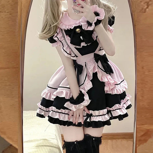 kawaiies-softtoys-plushies-kawaii-plush-Gothic Black Pink Sweet Lolita Women's Maid Dress Bowknots Apparel XXL 