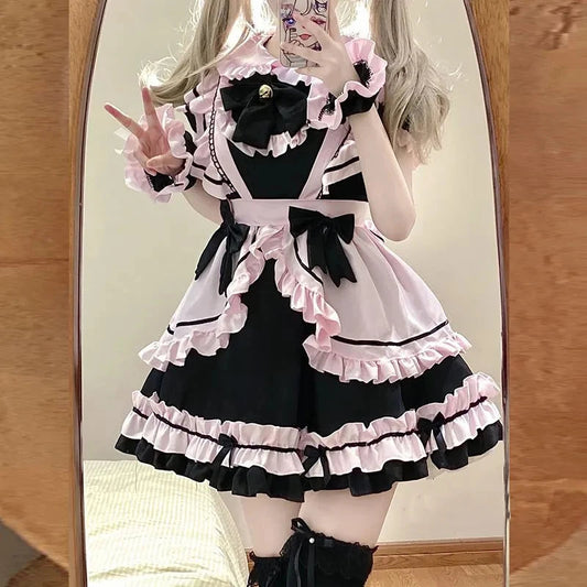 kawaiies-softtoys-plushies-kawaii-plush-Gothic Black Pink Sweet Lolita Women's Maid Dress Bowknots Apparel XXXL 