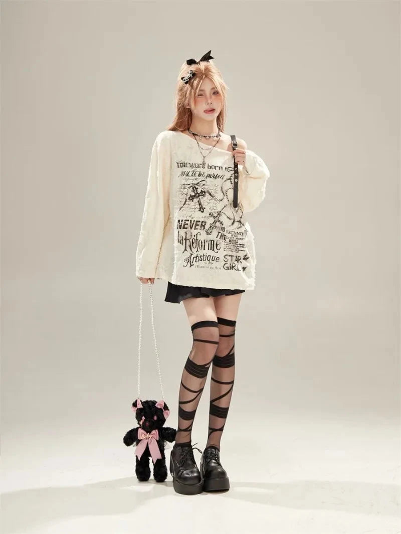 kawaiies-softtoys-plushies-kawaii-plush-Gothic Graphic Off-Shoulder Buckle Long Sleeve Beige Gray Tee Apparel 
