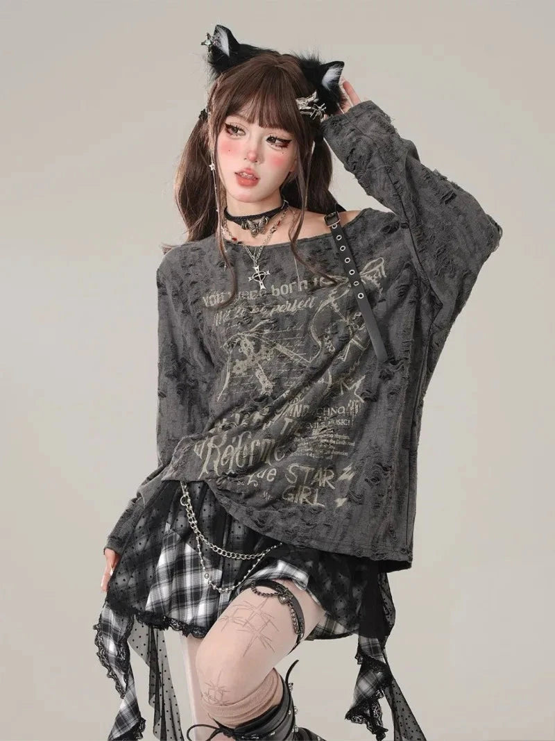 kawaiies-softtoys-plushies-kawaii-plush-Gothic Graphic Off-Shoulder Buckle Long Sleeve Beige Gray Tee Apparel Gray M 