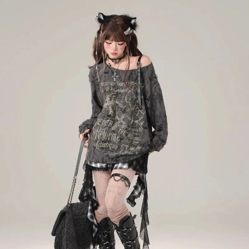 kawaiies-softtoys-plushies-kawaii-plush-Gothic Graphic Off-Shoulder Buckle Long Sleeve Beige Gray Tee Apparel Gray S 