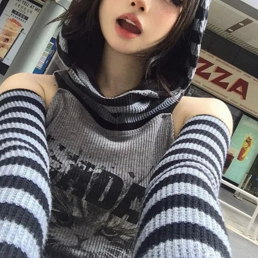 kawaiies-softtoys-plushies-kawaii-plush-Gothic Gray Striped Cat Hooded Women's Top Apparel 