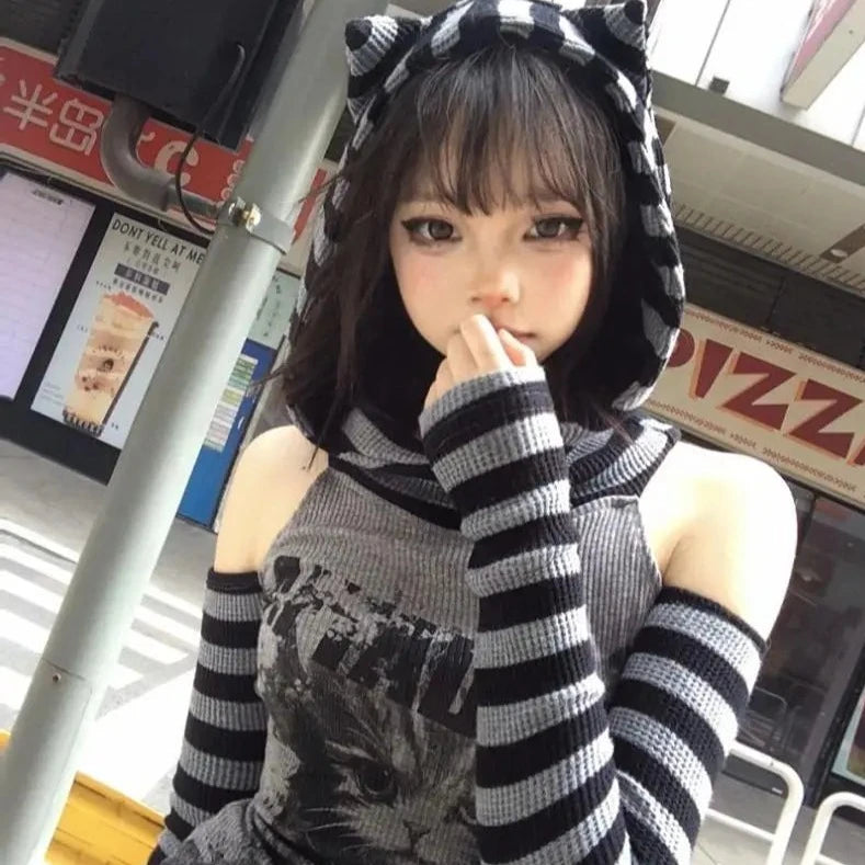kawaiies-softtoys-plushies-kawaii-plush-Gothic Gray Striped Cat Hooded Women's Top Apparel 